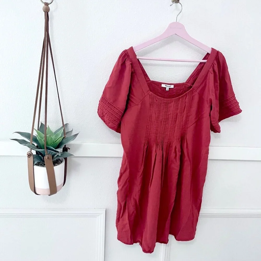 Madewell Pintuck Pleat Square Neck Minidress in Etruscan Clay Red Size M NP113